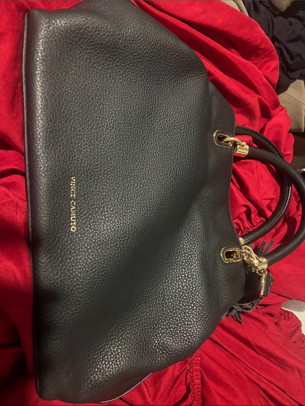 Vince Camuto Black Pebbled Leather Tote with Gold Hardware